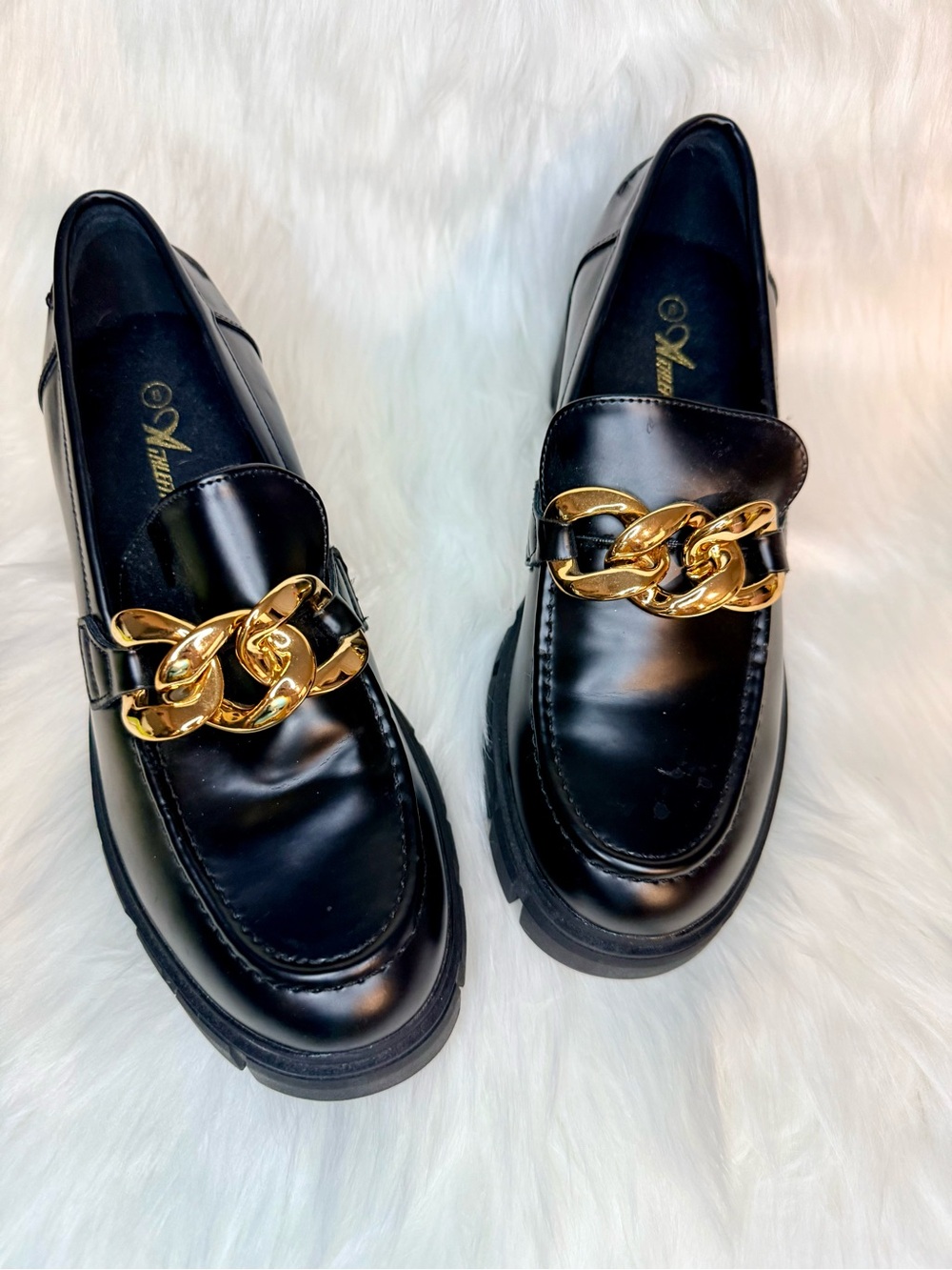 Y2K Black Loafers with Gold Chain Accent